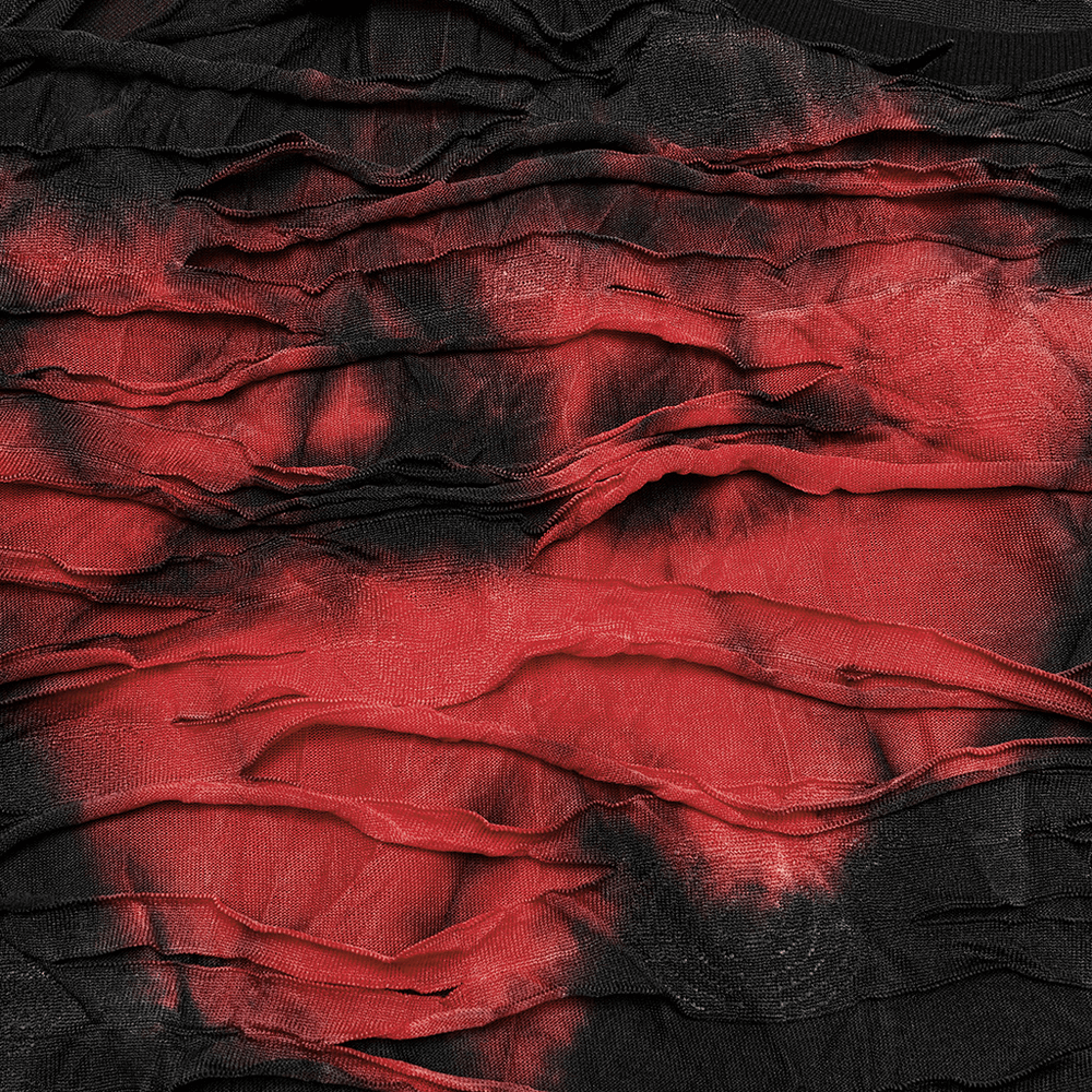 Close-up of edgy red and black shredded fabric, showcasing a tie-dye design with texture and punk style.