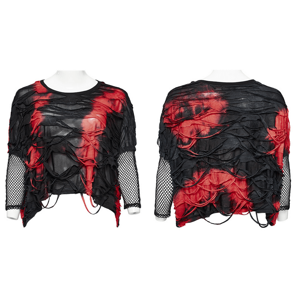 Edgy punk tie-dye loose top for women; red and black shredded design with mesh sleeves for a bold look.