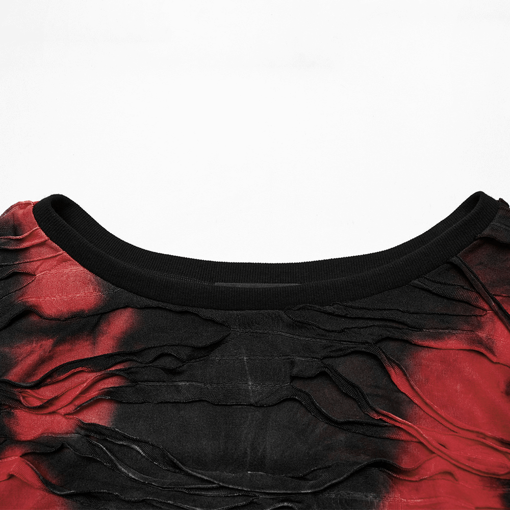 Close-up of the edgy punk tie-dye loose top's neckline, showcasing red and black shredded fabric design.