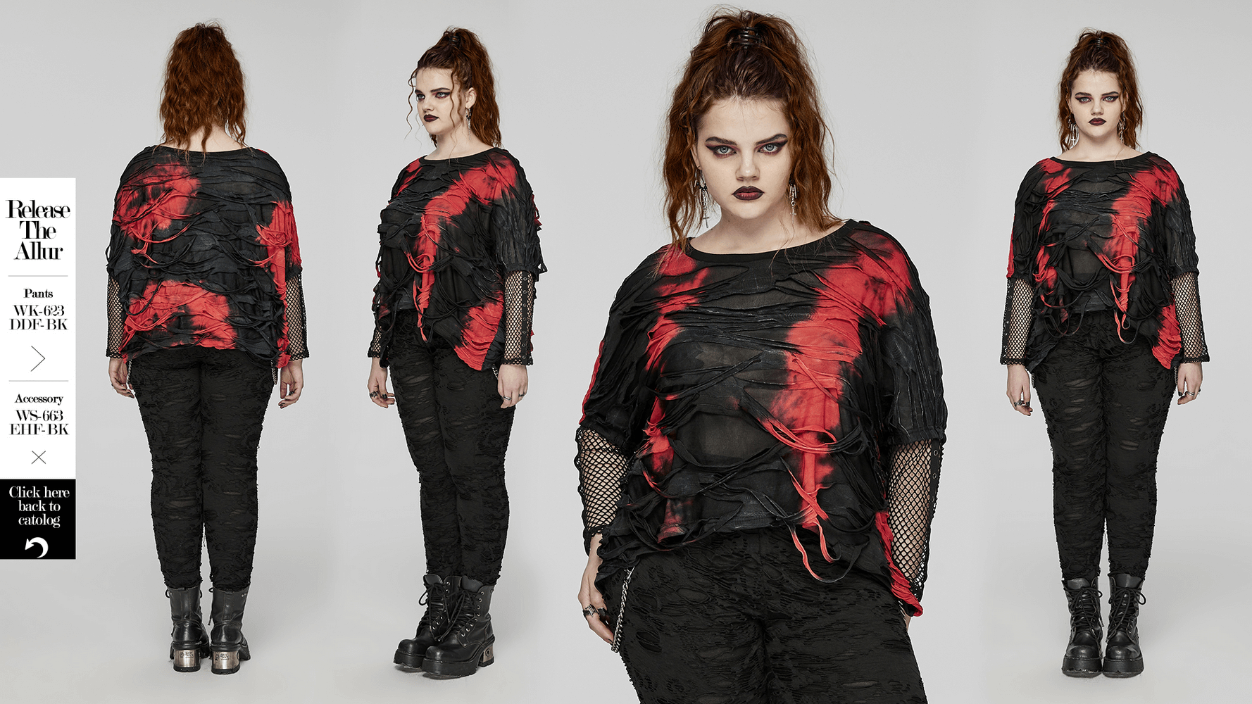 Edgy punk tie-dye loose top with mesh sleeves in red and black for women, perfect for a bold fashion statement.