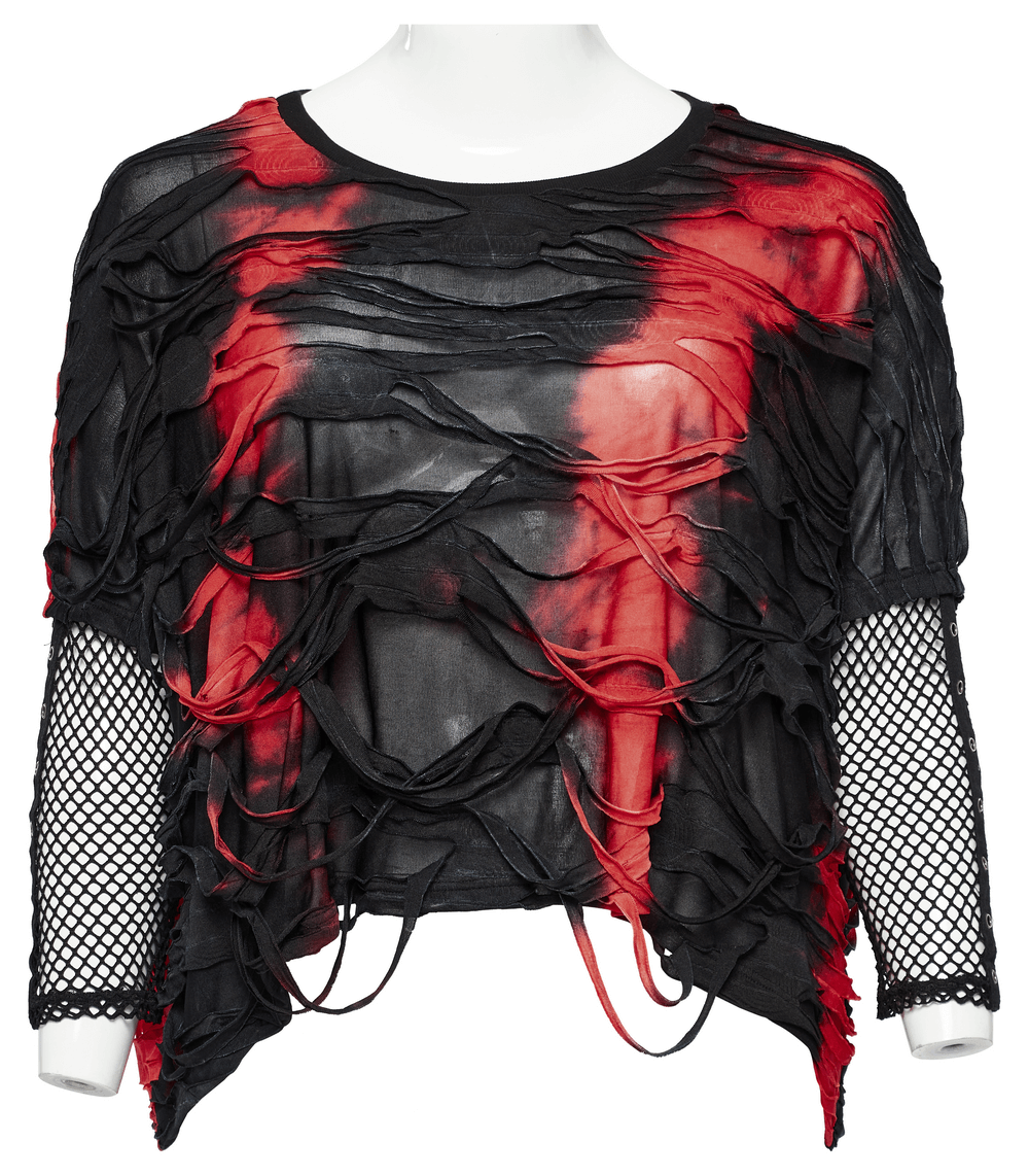 Edgy punk tie-dye loose top with mesh sleeves, featuring a red and black shredded design for women.