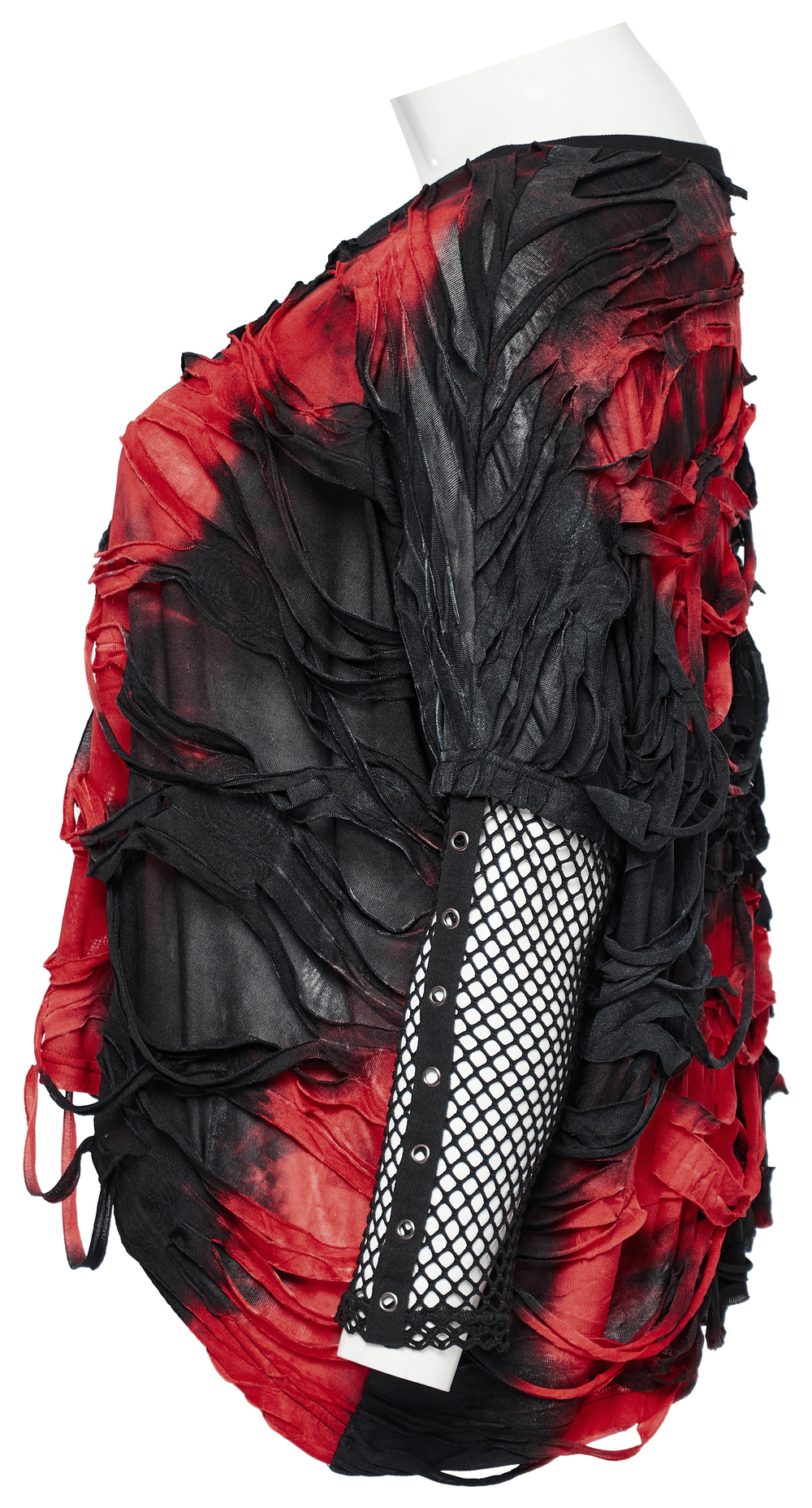 Edgy punk tie-dye red and black loose top with mesh sleeves, perfect for bold statement style.