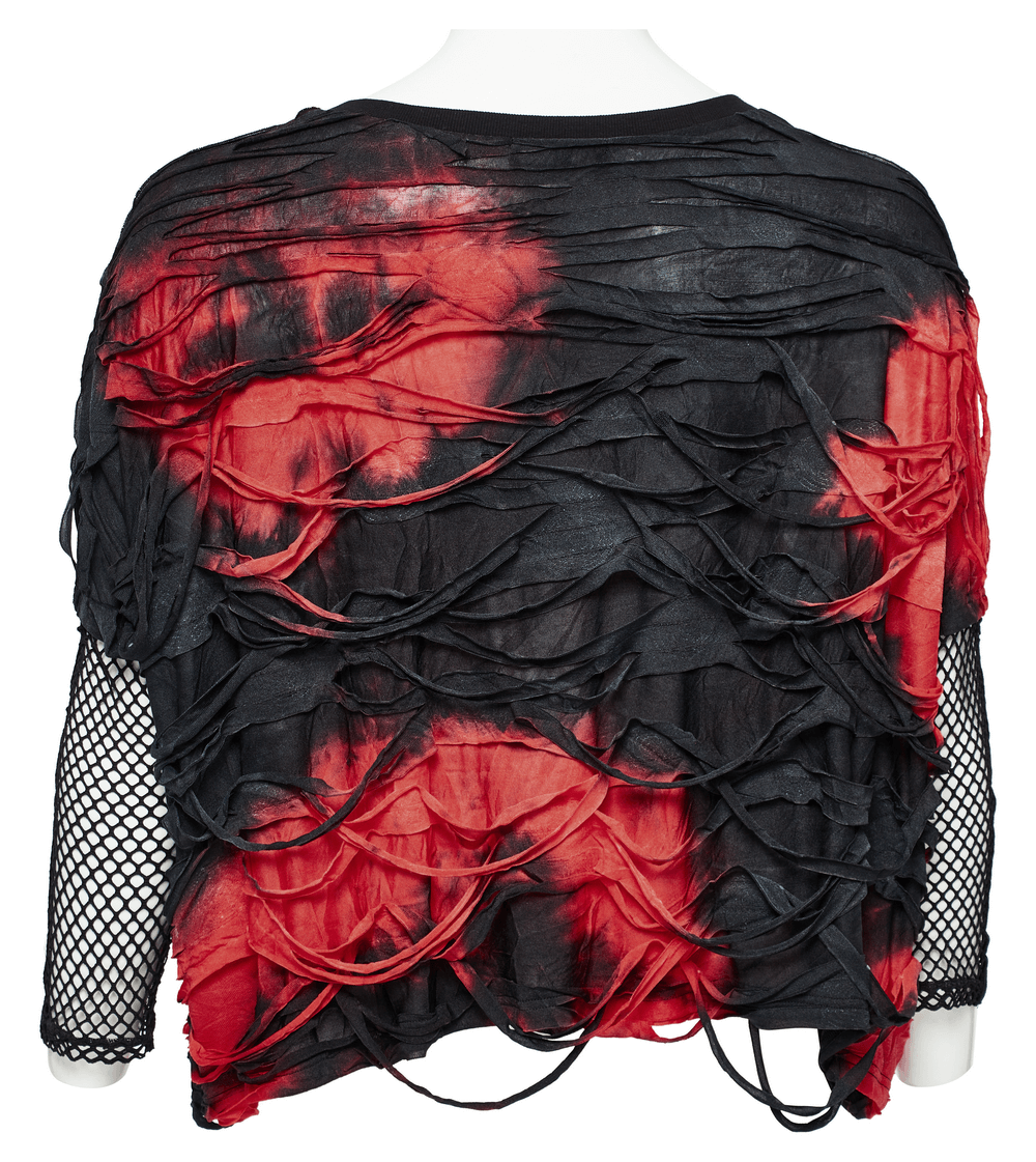 Edgy punk tie-dye loose top with mesh sleeves, featuring a striking red and black shredded design.