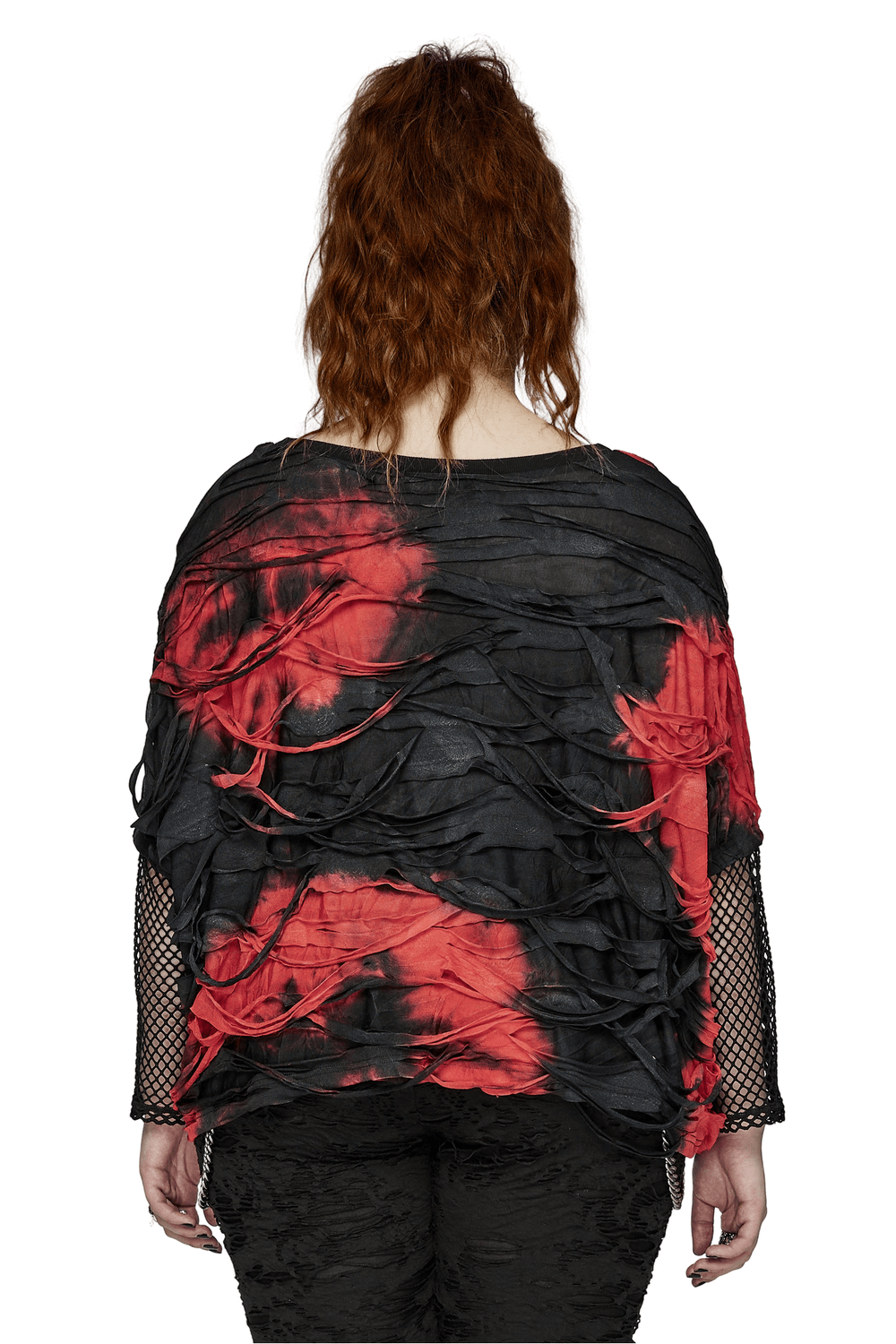 Back view of edgy punk tie-dye loose top with mesh sleeves in red and black colors for women.