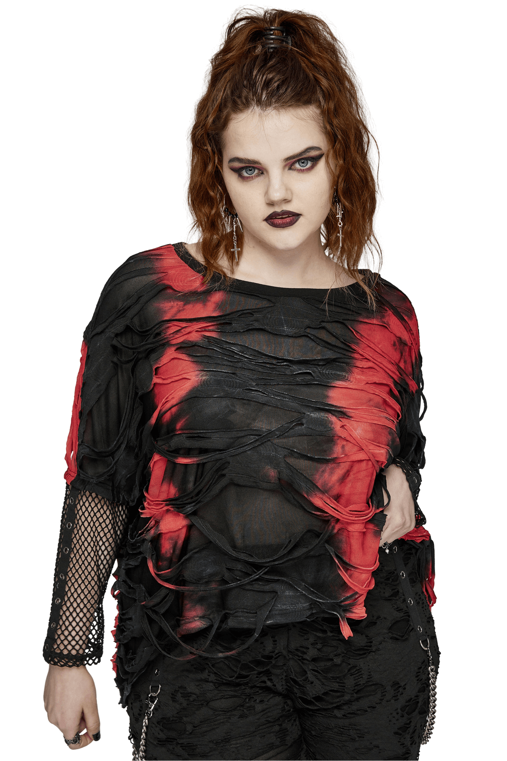 Edgy punk tie-dye loose top for women with mesh sleeves, featuring a striking red and black shredded design.