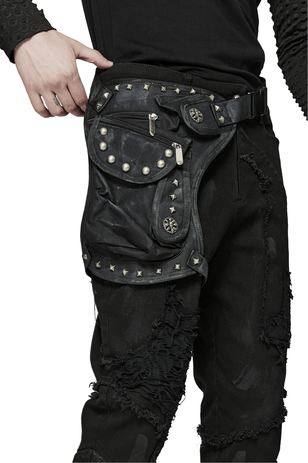 Edgy punk waist bag with rivets, adjustable straps, and multifunctional pockets, perfect for a bold fashion statement.