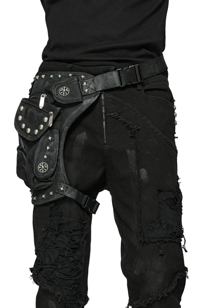 Black Utility Waist Bag with Rivets and Adjustable Leg Straps for Punk Styling.