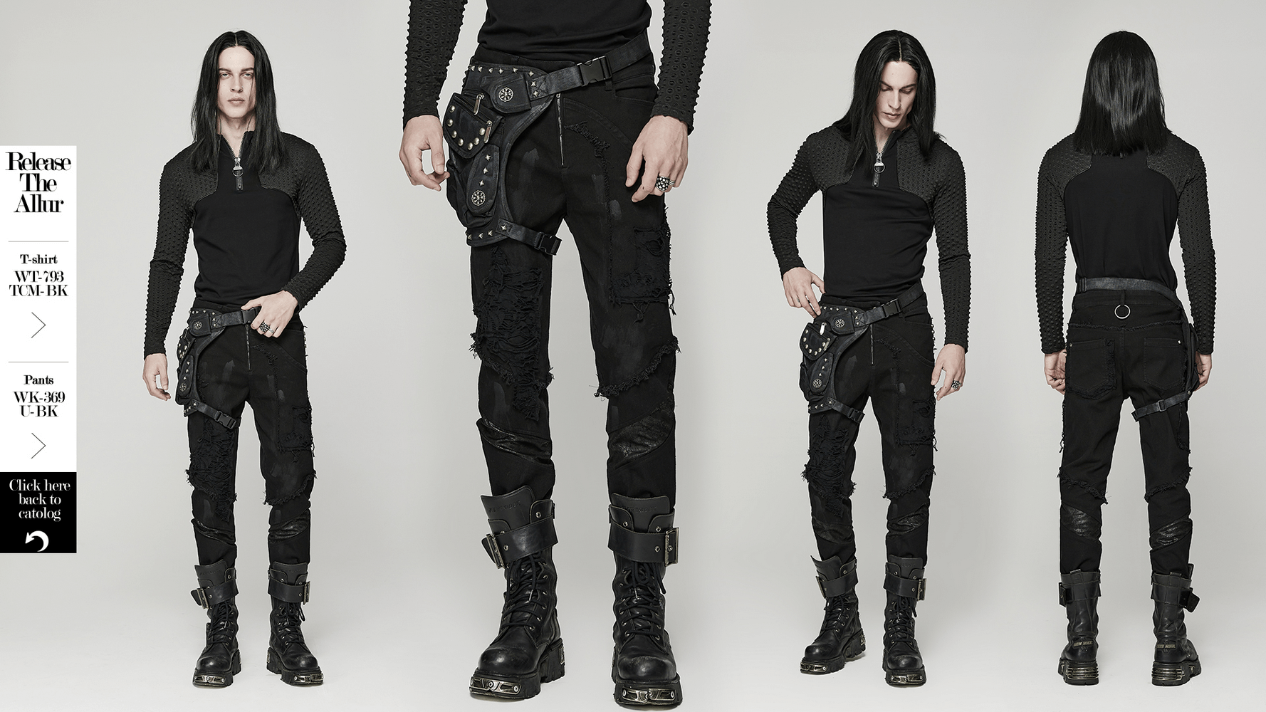 Edgy punk look featuring a model in a black waist bag and stylish attire with multifunctional pockets and straps.