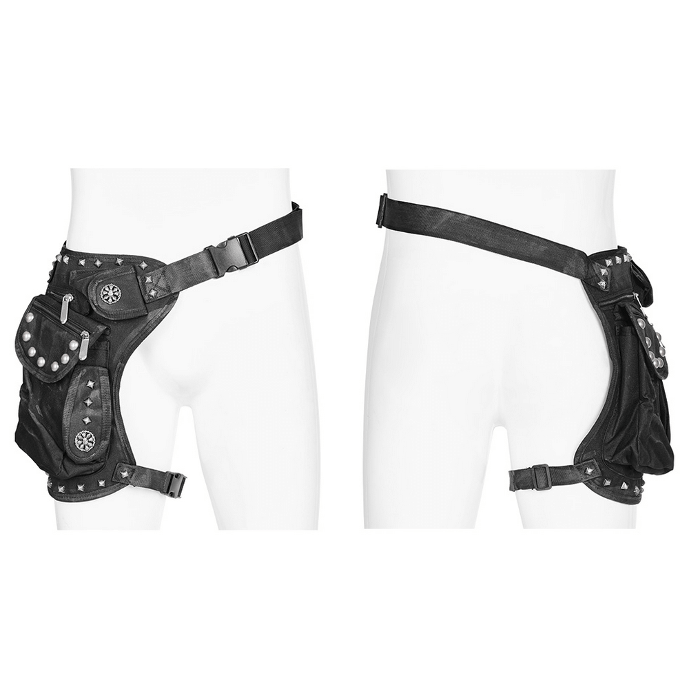 Edgy punk waist bag with adjustable straps, rivets, and multifunctional pockets in a unique, irregular shape.