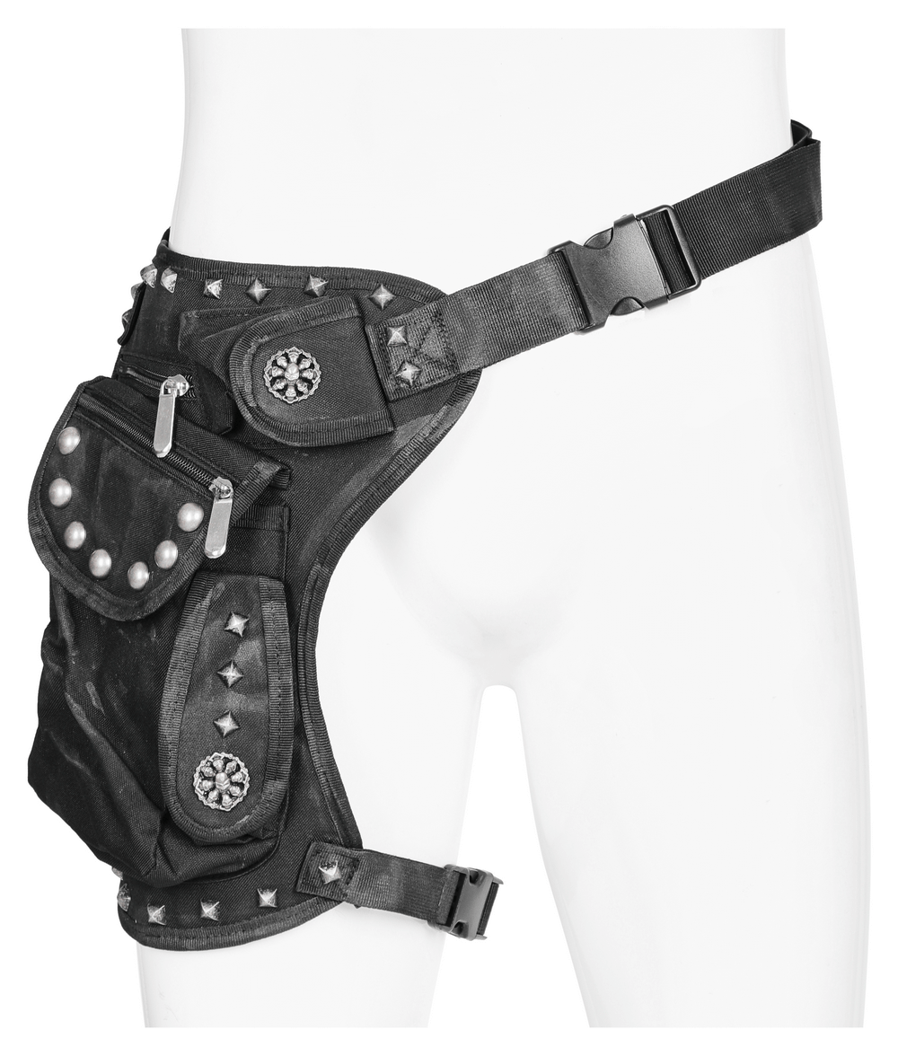 Edgy punk waist bag with rivets and multifunctional pockets, featuring adjustable straps for a perfect fit.