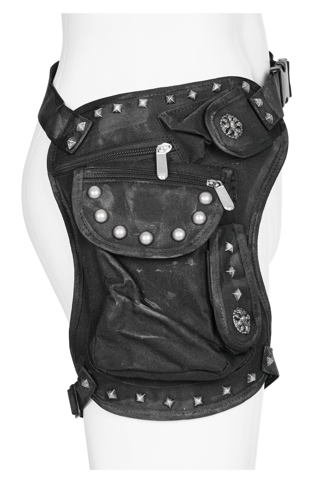 Edgy punk waist bag with rivets and multifunctional pockets, adjustable straps for a unique look.