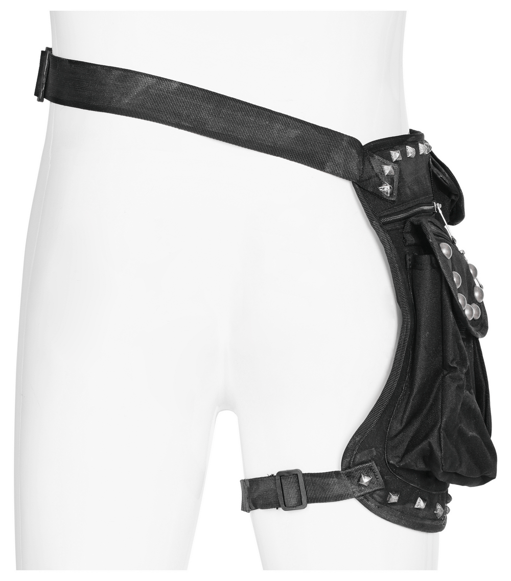 Edgy punk waist bag with rivets, adjustable straps, and irregular shape showcasing multifunctional pockets.