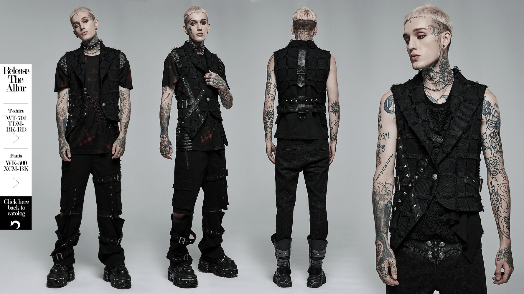 Edgy punk wool vest with a bold cut-out back, showcasing gothic style and tailored fit.