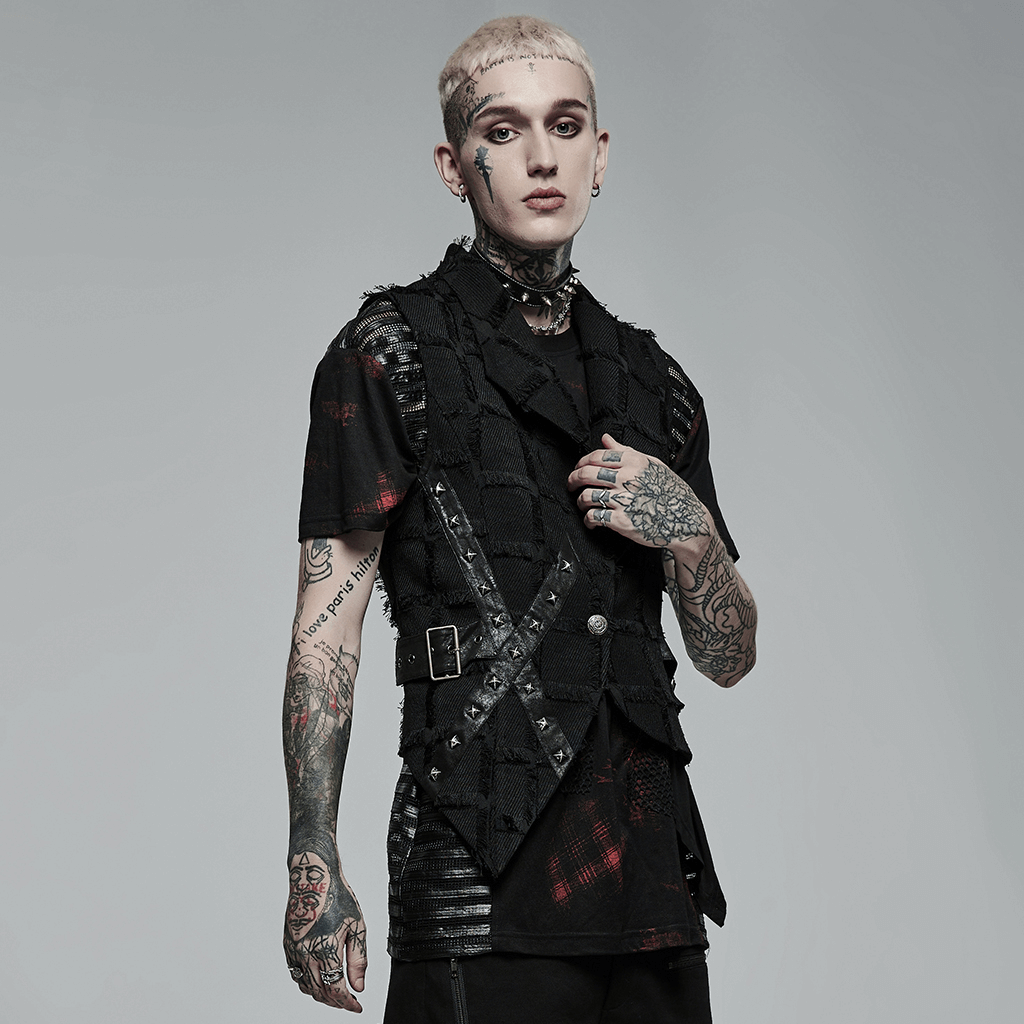 Edgy punk wool vest with bold cut-out back detail, styled for a striking gothic look.