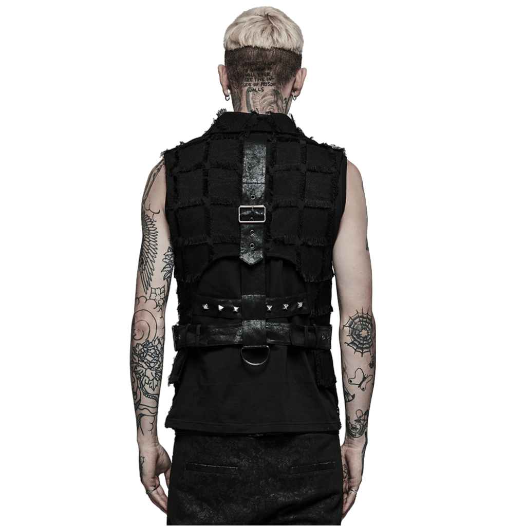 Edgy punk wool vest with bold cut-out back detail, showcasing asymmetric design and leather accents.