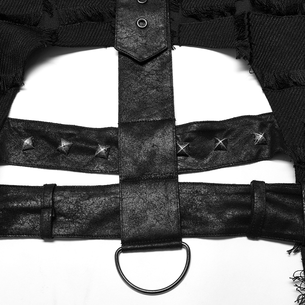 Close-up of edgy punk vest back detail featuring black leather straps, studs, and ring for a bold gothic style.