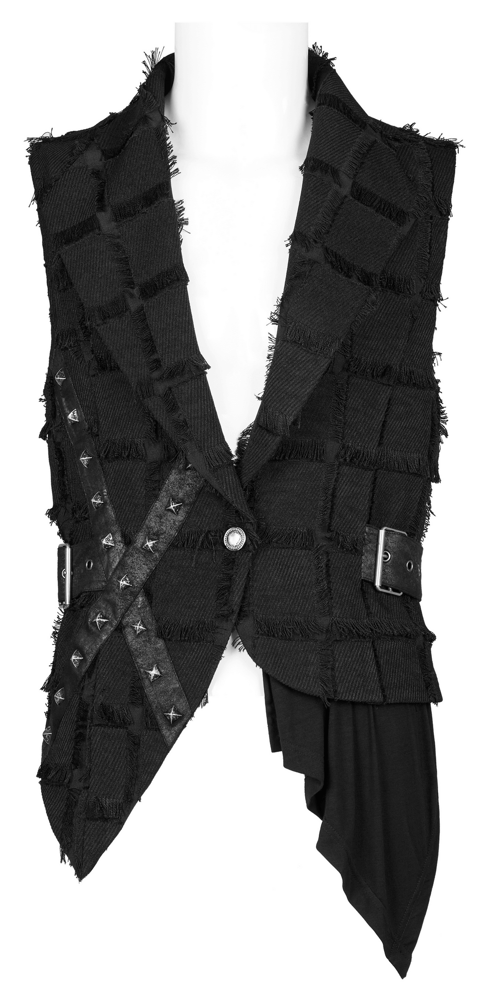 Edgy punk wool vest with cut-out back and textured black fabric, perfect for gothic style enthusiasts.