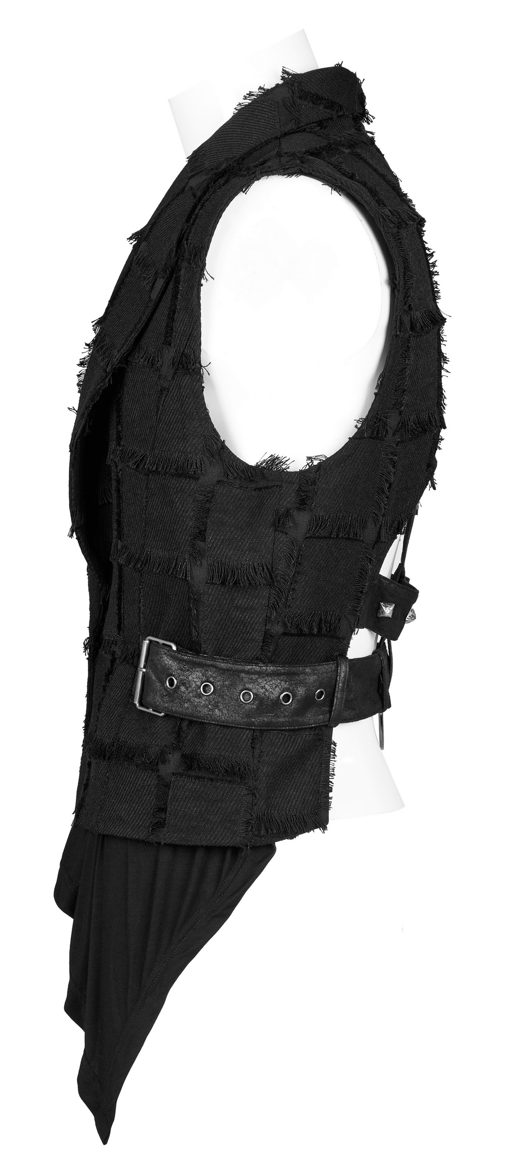 Edgy punk wool vest with cut-out back, featuring asymmetric hem and gothic charm, perfect for bold fashion statements.