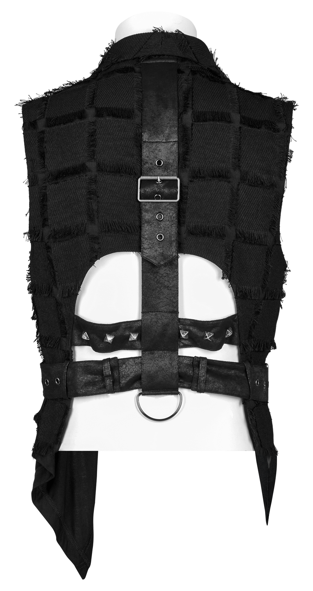 Edgy punk wool vest showcasing a bold cut-out back detail and asymmetric hem for a gothic-inspired style.