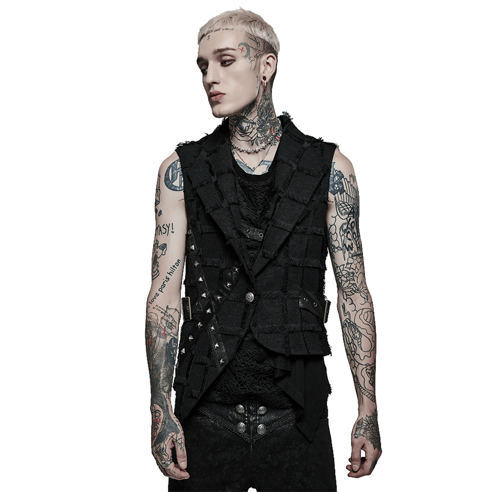 Edgy punk wool vest with cut-out back detail, styled for a bold gothic look.