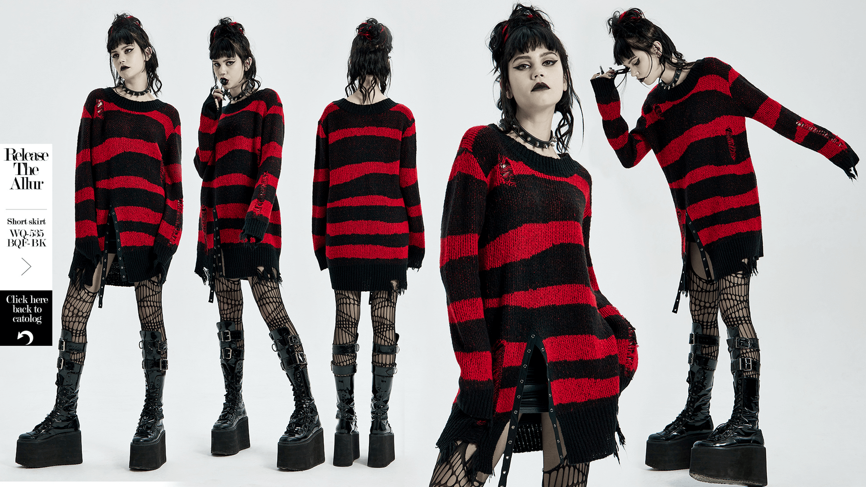 Edgy Red And Black Striped Distressed Sweater With Split - HARD'N'HEAVY