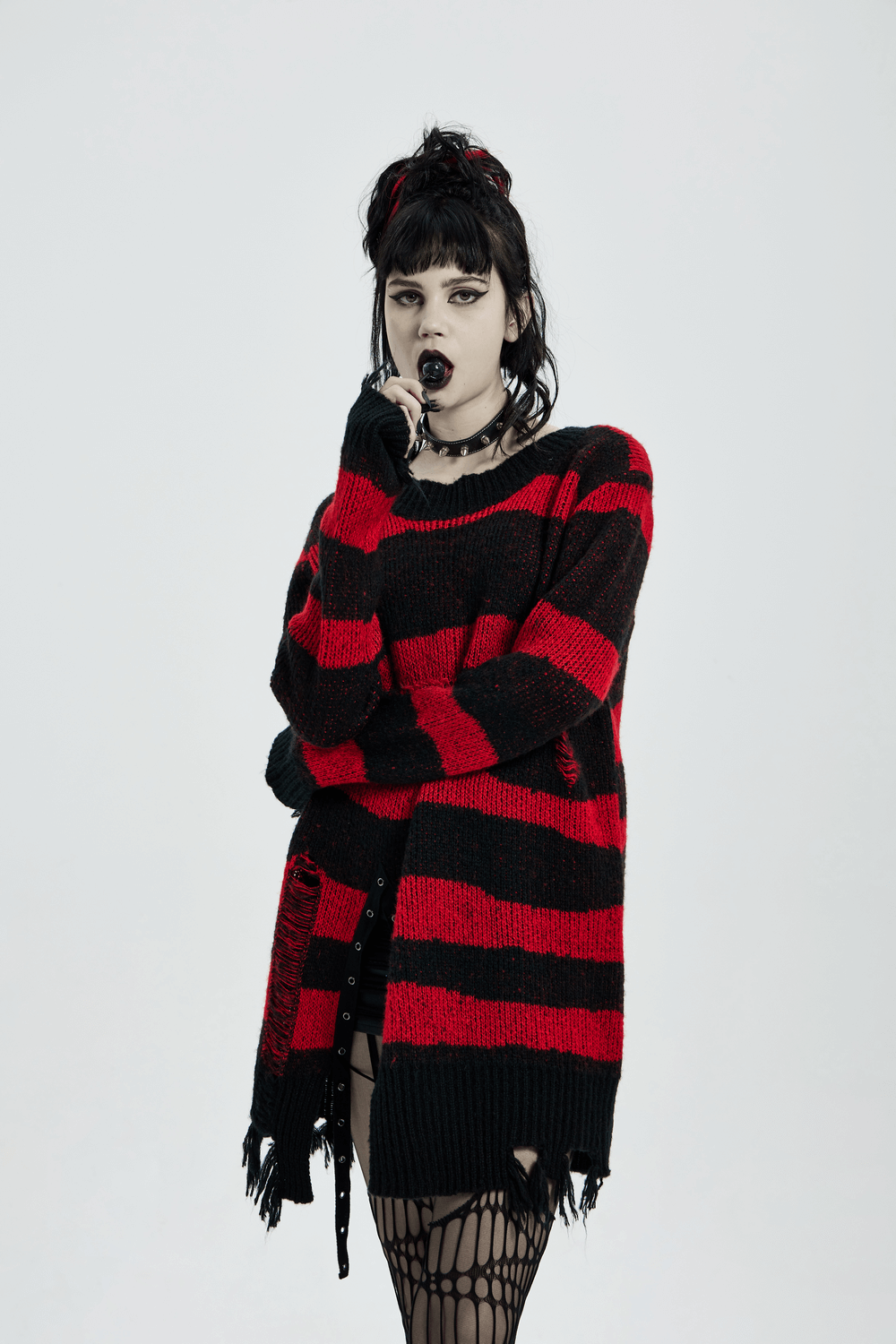 Edgy Red And Black Striped Distressed Sweater With Split - HARD'N'HEAVY