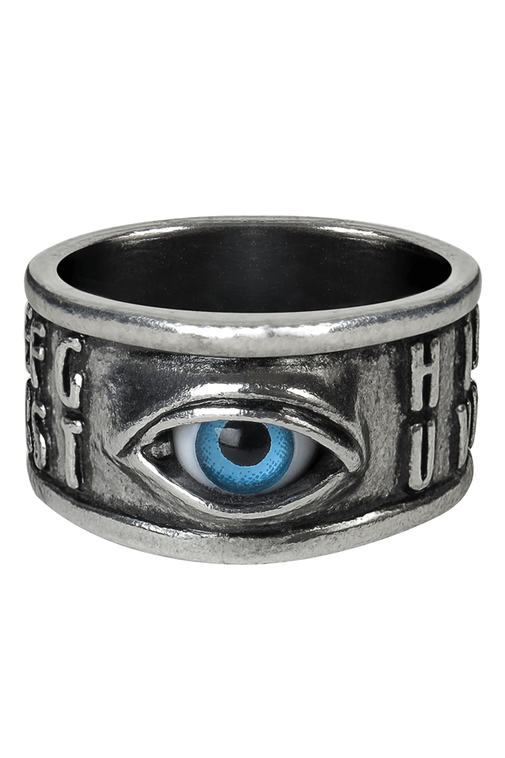 Gothic Ouija eye ring with raised alphabet band and realistic blue acrylic eye for mystical vibes.