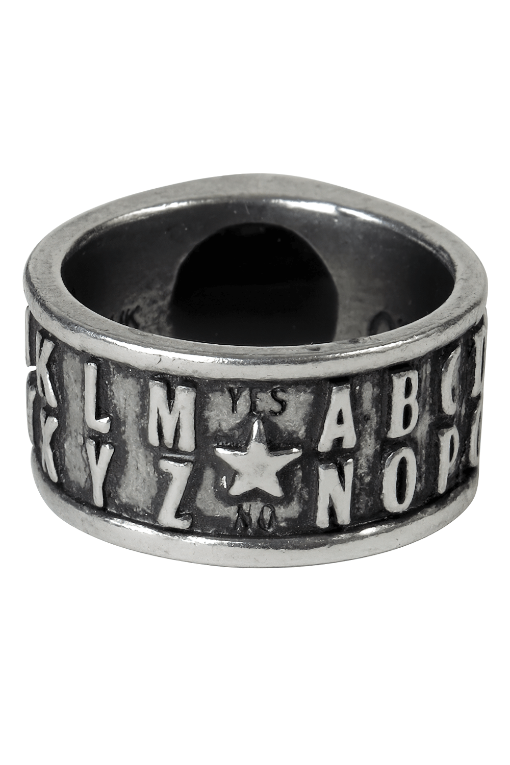 Gothic Ouija eye ring with raised alphabet band, perfect for mysticism lovers and paranormal enthusiasts.