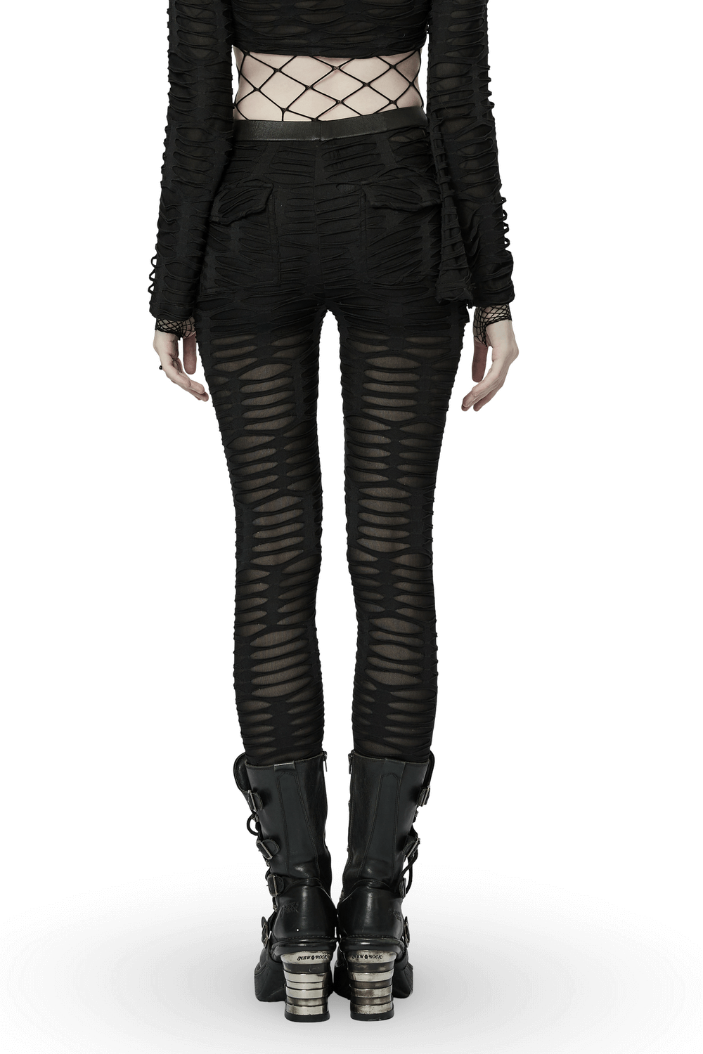 Back view of edgy ripped black leggings with metal details and bold styling for gothic fashion.