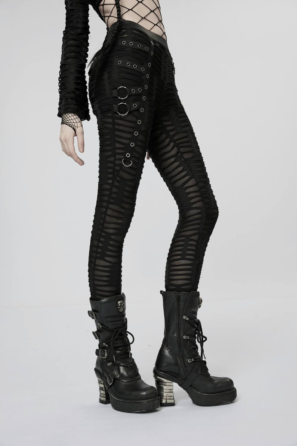 Edgy Ripped Black Leggings with Metal Rivets and Rings