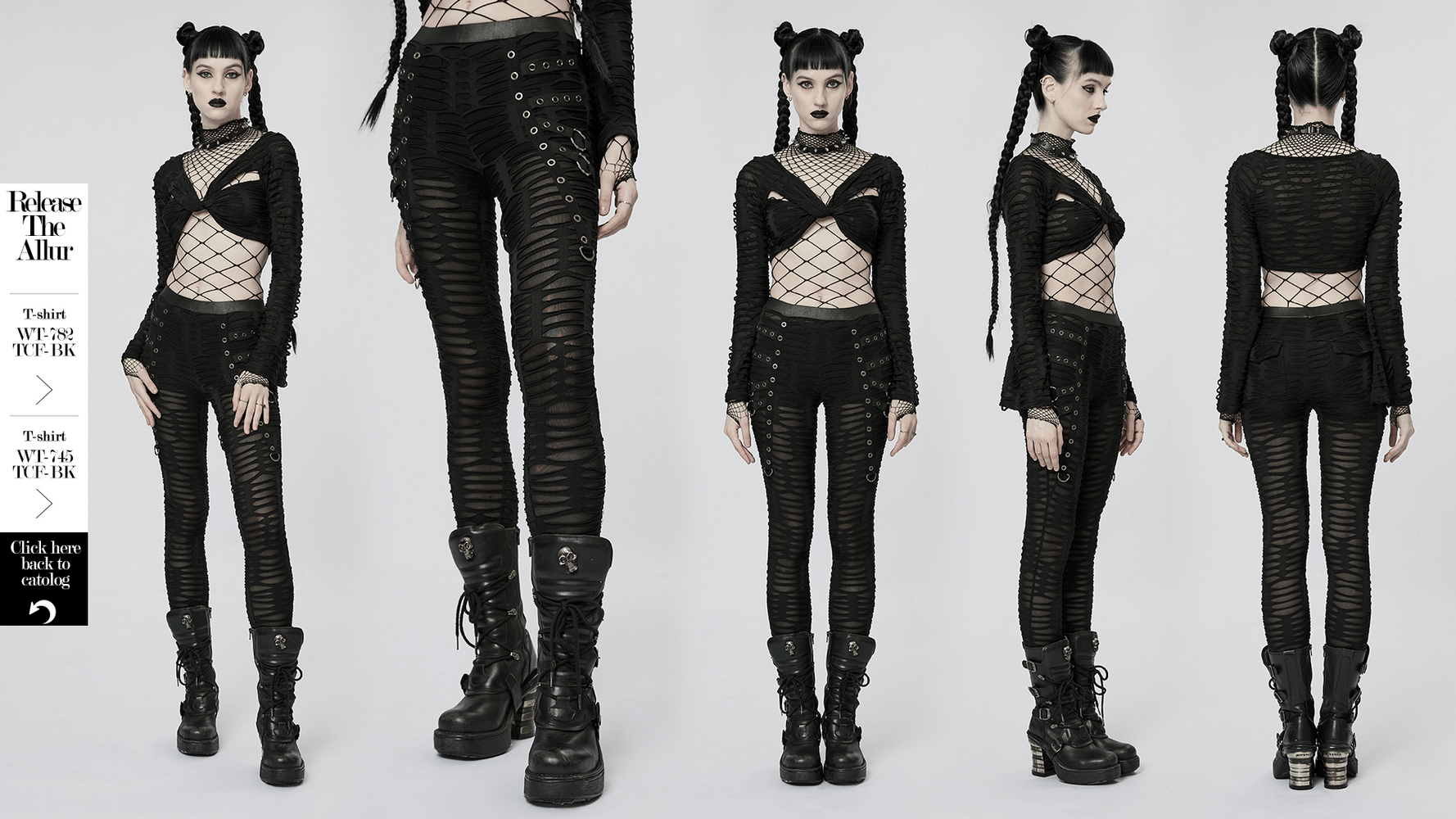 Edgy black ripped leggings with metal rivets, rings, and an elastic fit, styled with a unique goth top.
