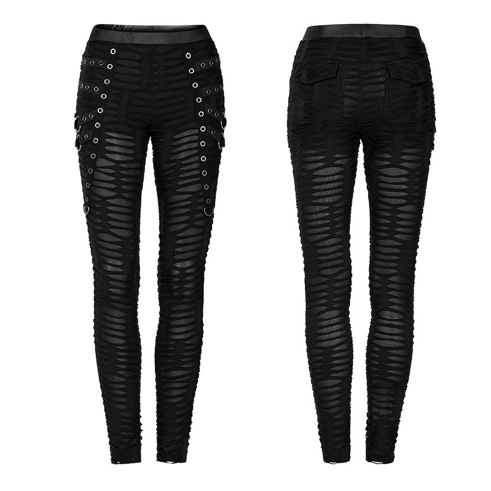 Edgy black ripped leggings with metal rivets and rings, featuring a double-layer elastic design for a bold look.