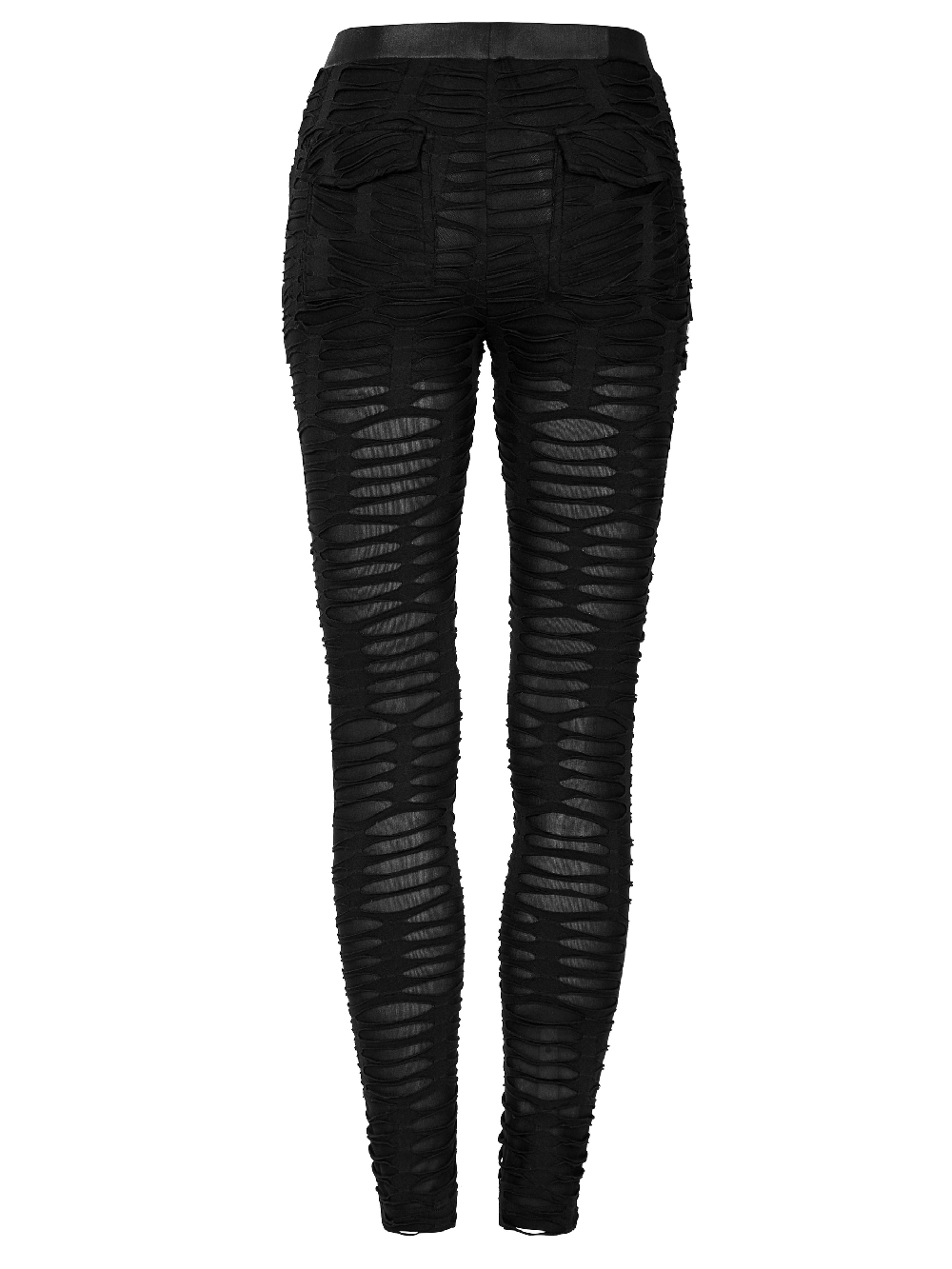 Edgy ripped black leggings with metal rivets, featuring a double-layer design and a slim fit for a bold goth style.