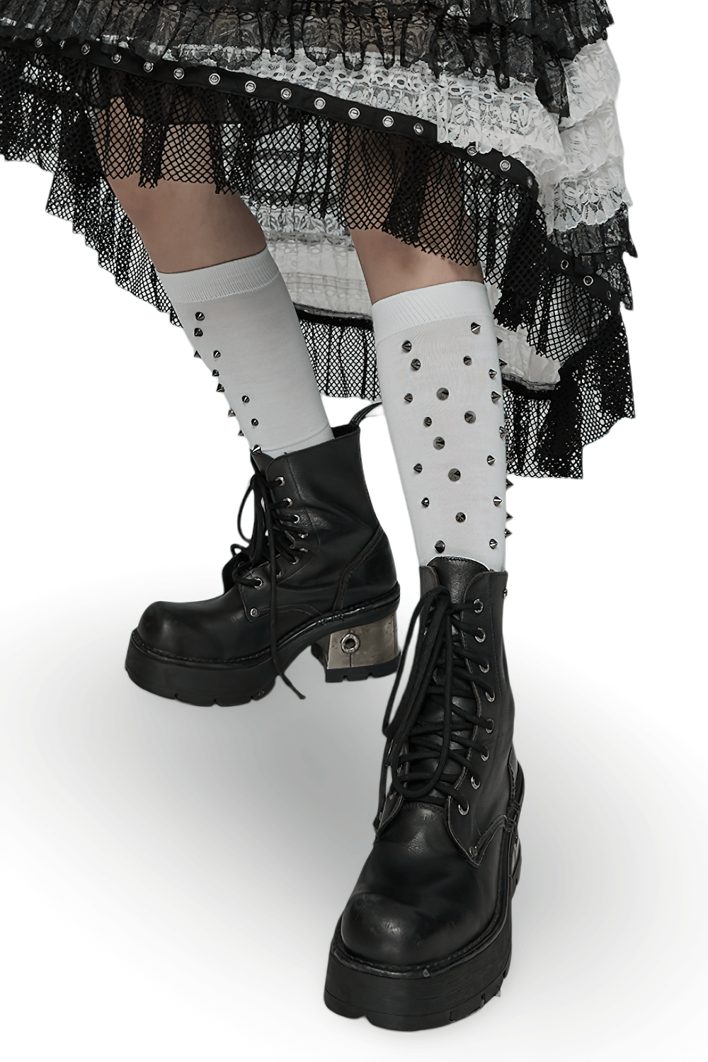 Edgy Rivet-Embellished Knee White Socks for Women