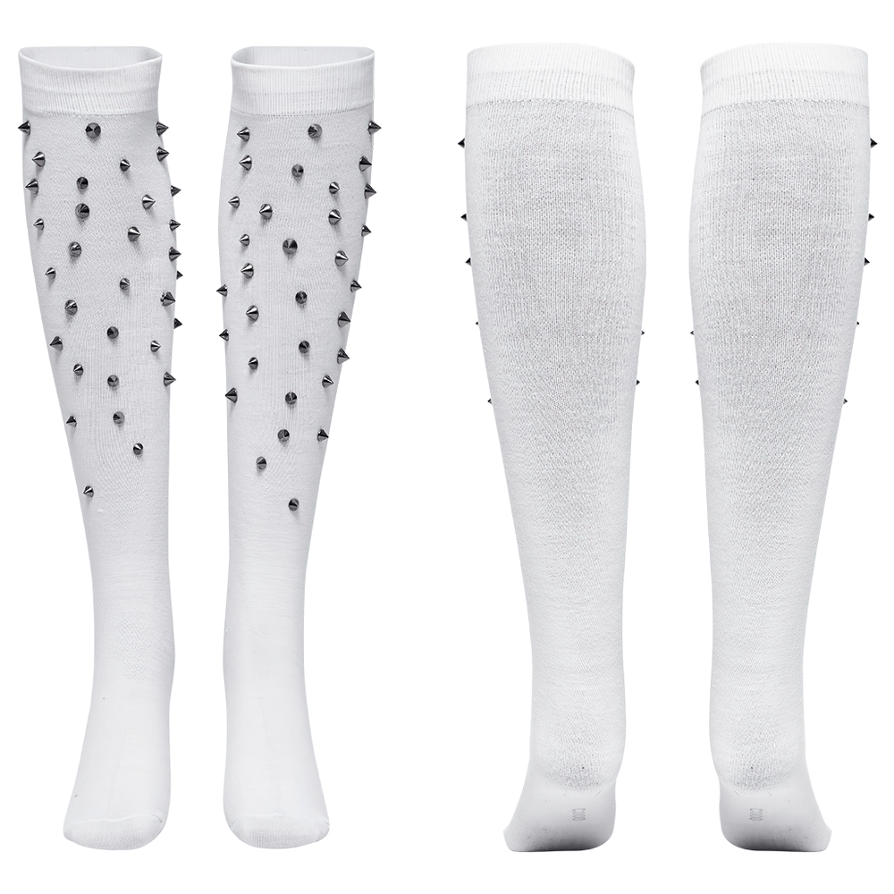 Edgy Rivet-Embellished Knee White Socks for Women