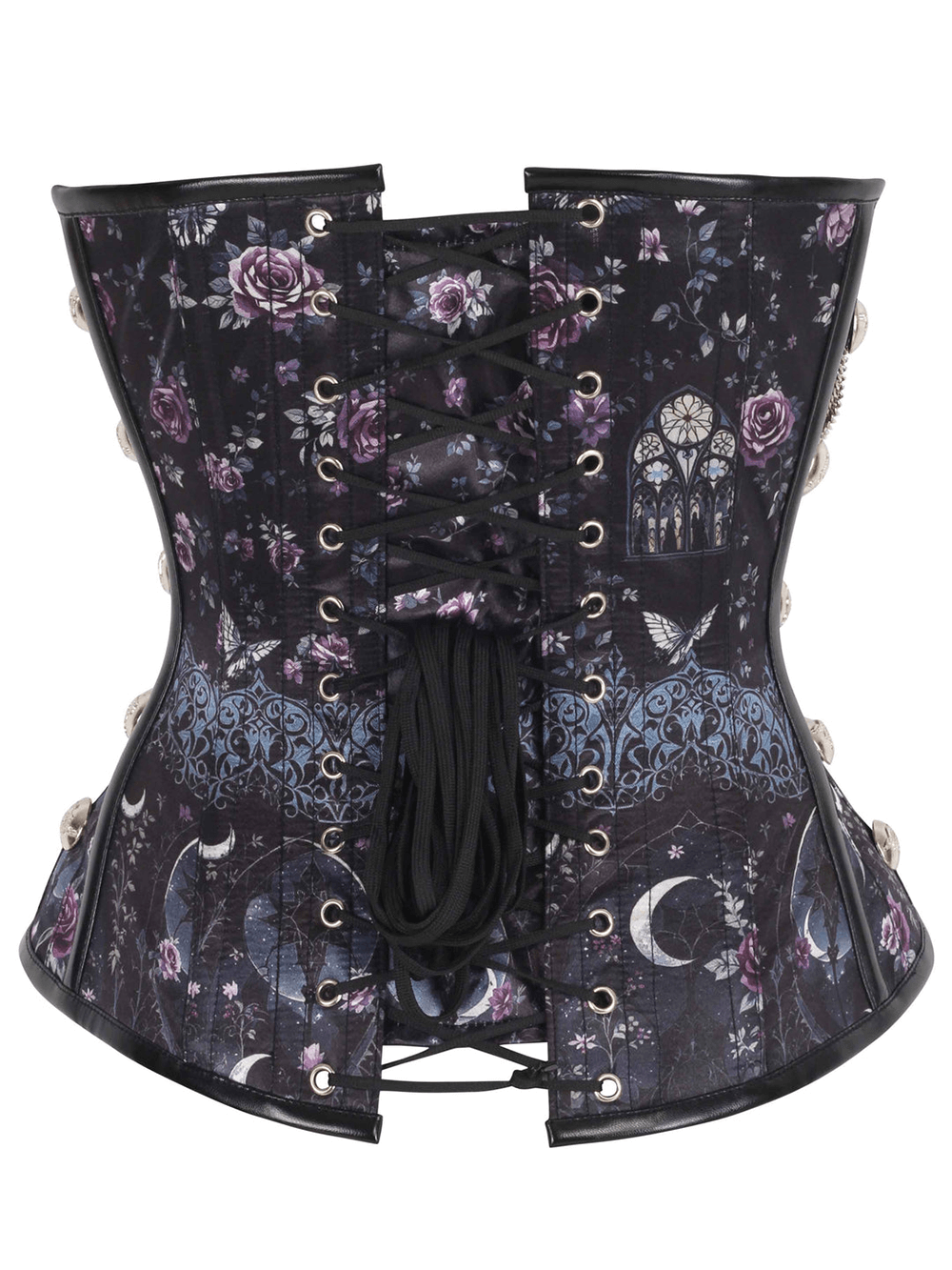 Edgy rose steampunk corset with floral print, moonlit accents, and adjustable lacing for a perfect gothic fit.