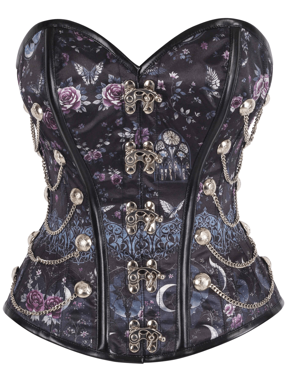Edgy rose steampunk corset with chains, clasp front, and moon floral design, perfect for gothic fashion and cosplay.