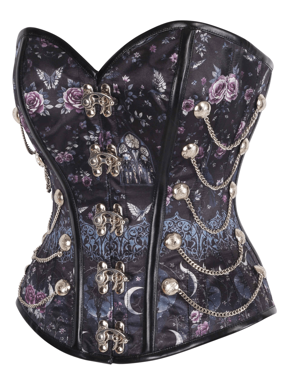 Edgy gothic rose steampunk corset with moon print, silver chains, and clasp front for dramatic fashion flair.