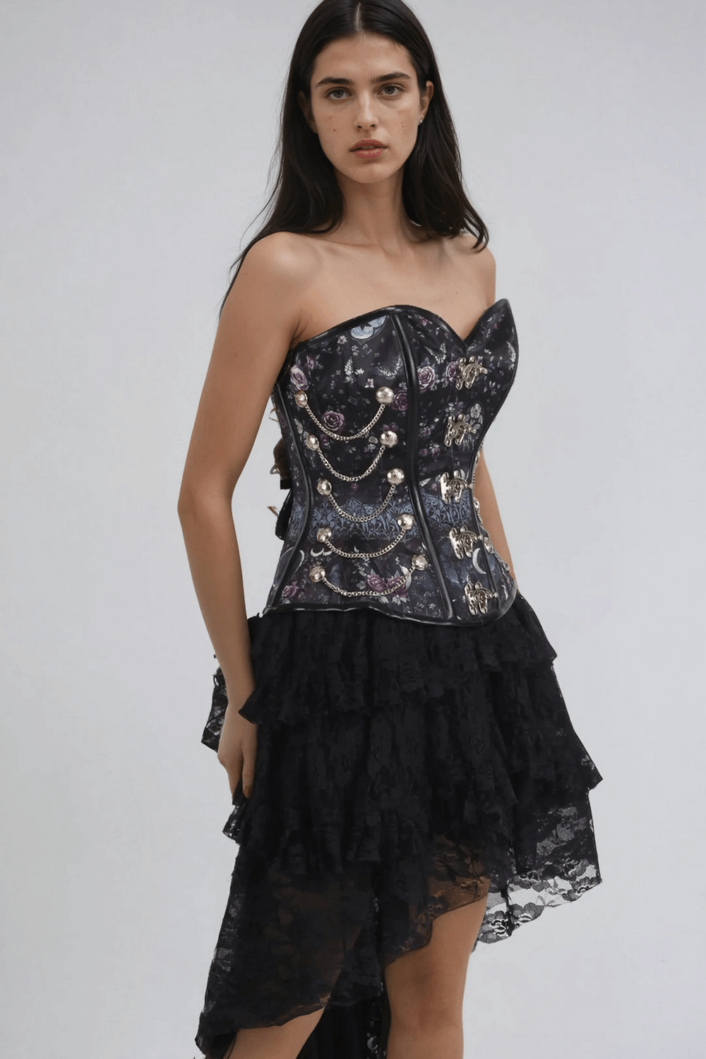Gothic overbust corset with moon and rose print, silver chains, perfect for steampunk fashion.
