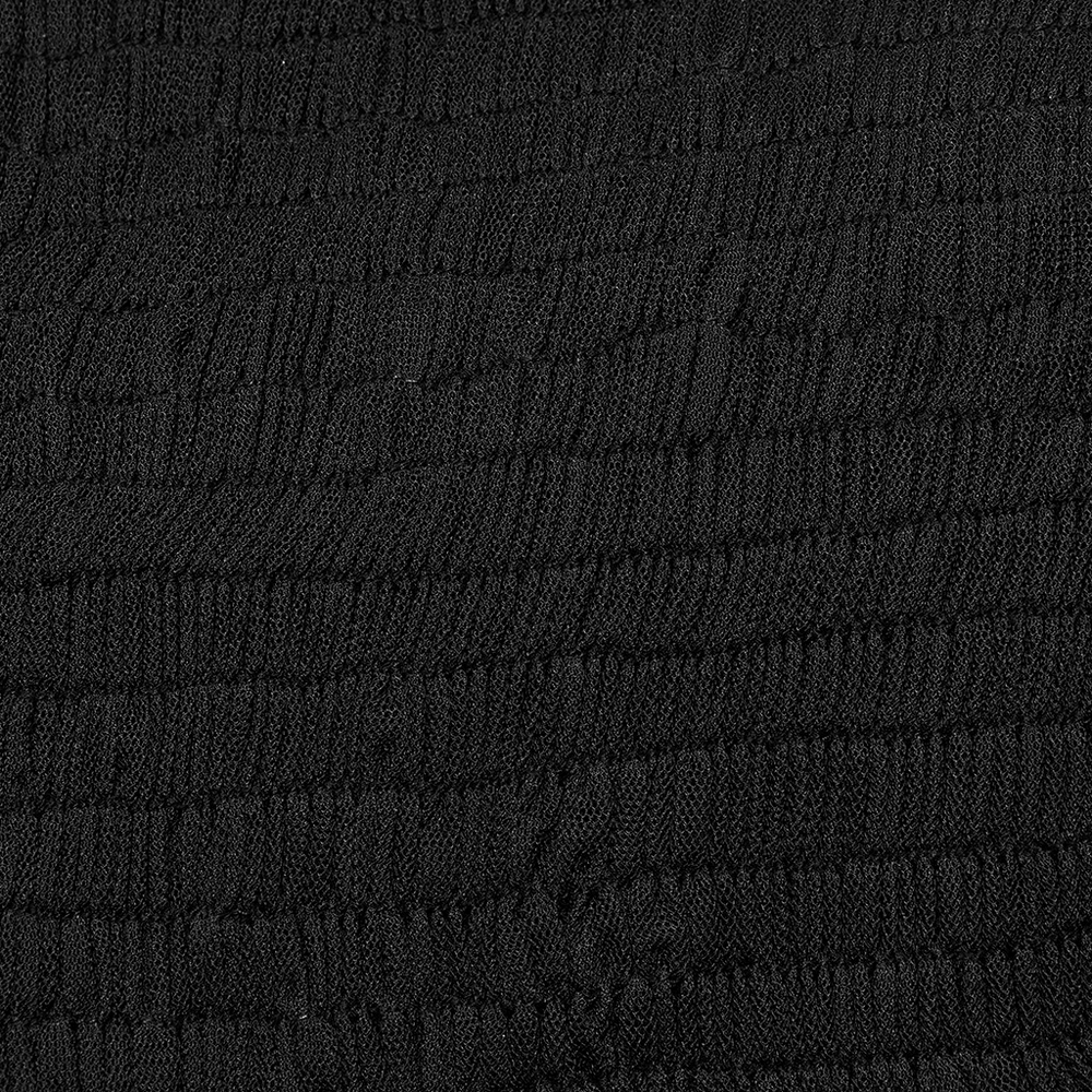 Textured black fabric showcasing the edgy design of the ruffled mesh tube top.