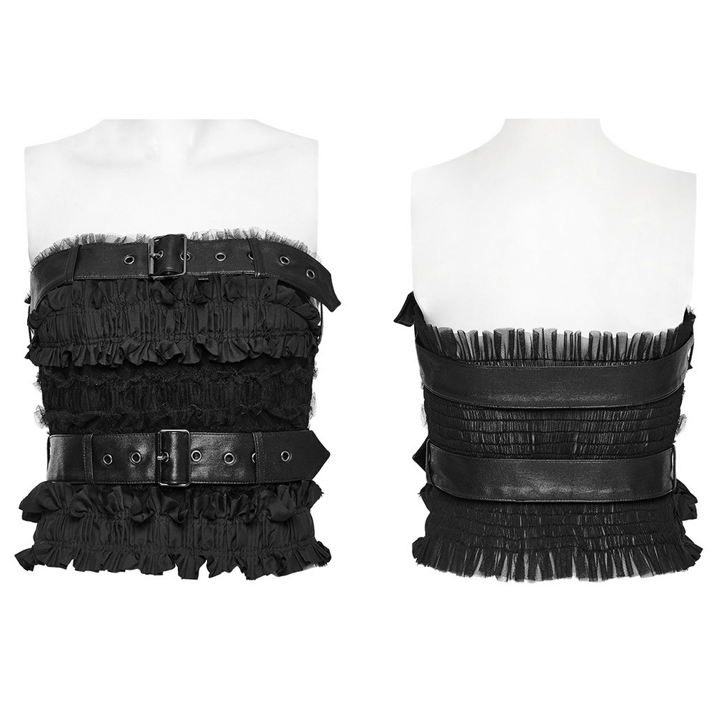 Edgy ruffled mesh tube top with leather accents, featuring unique ruffles and a stylish belt design.