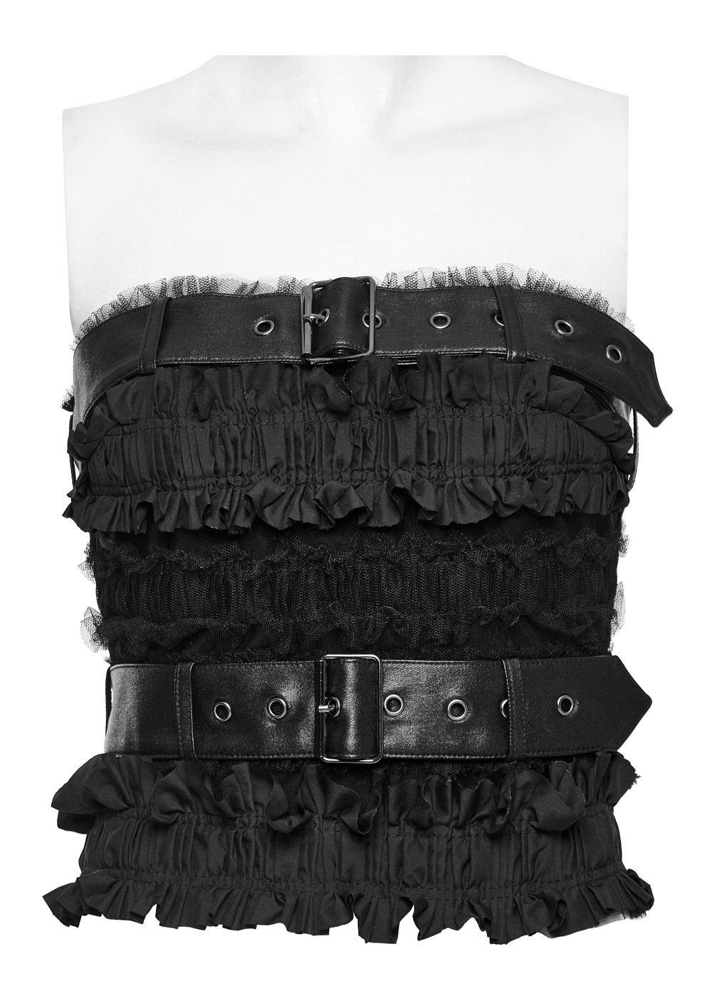 Edgy ruffled mesh tube top with leather accents, showcasing unique ruffle designs and stylish belted features.