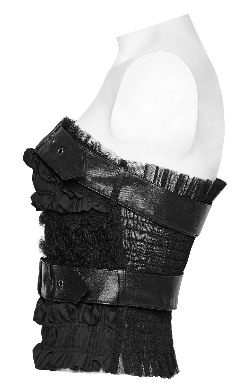 Edgy ruffled mesh tube top with leather accents, showcasing unique design and fitted silhouette.