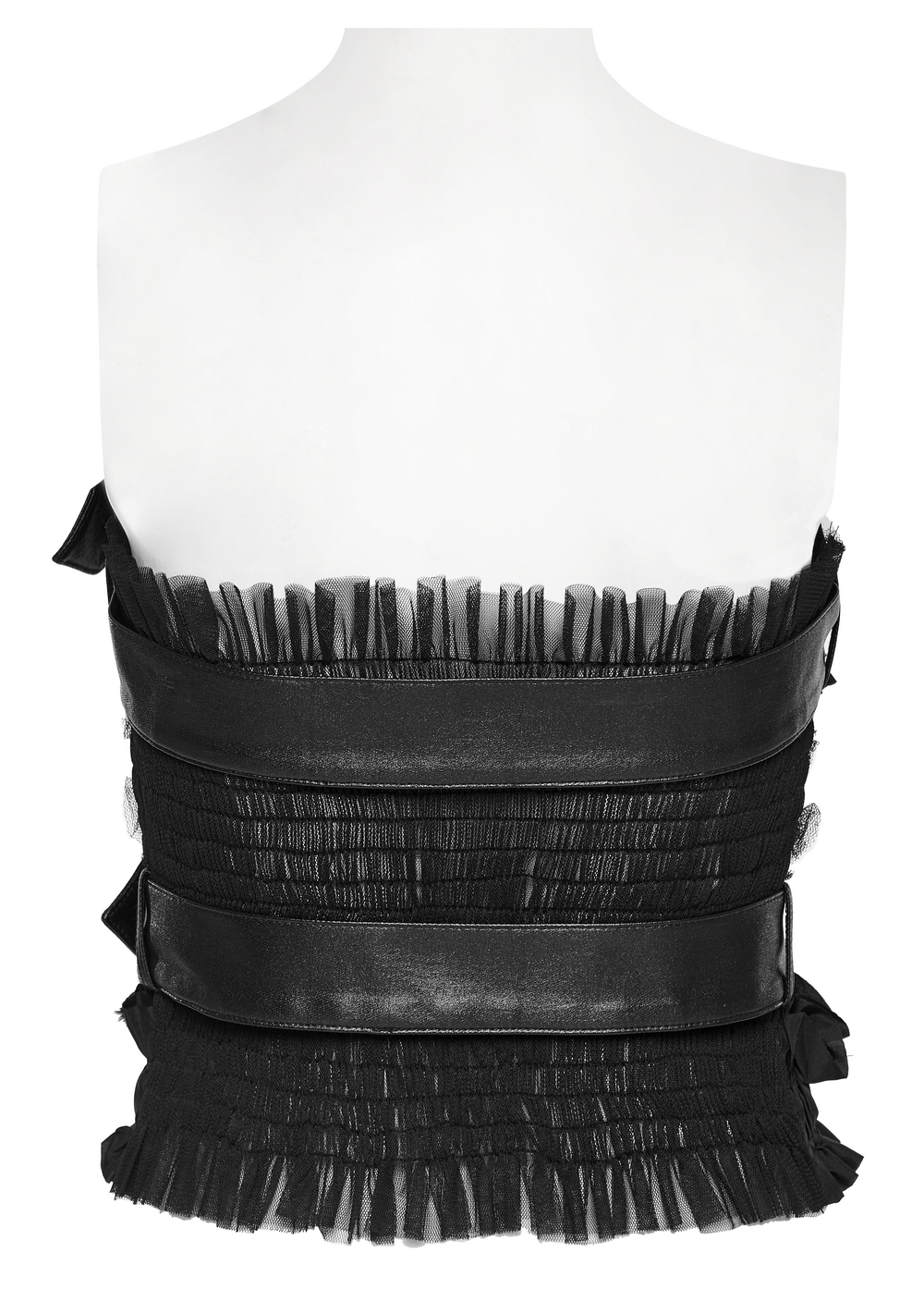Back view of edgy ruffled mesh tube top with leather accents, showcasing unique ruffle design and alluring band.