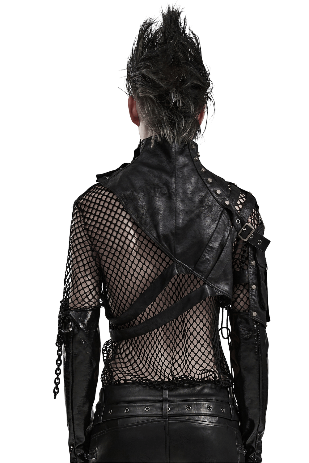 Stylish back view of a gothic punk mesh top with chains and leather accents, perfect for steampunk and alternative fashion.