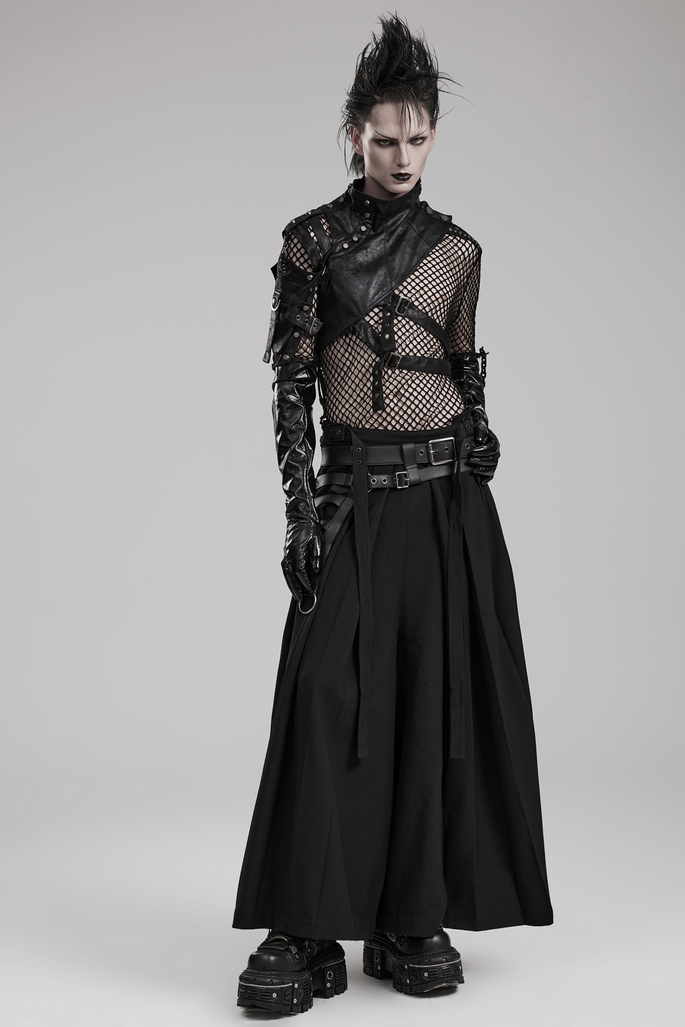 Edgy gothic punk fashion featuring shoulder armor, fishnet, and stylish black attire for a striking look.