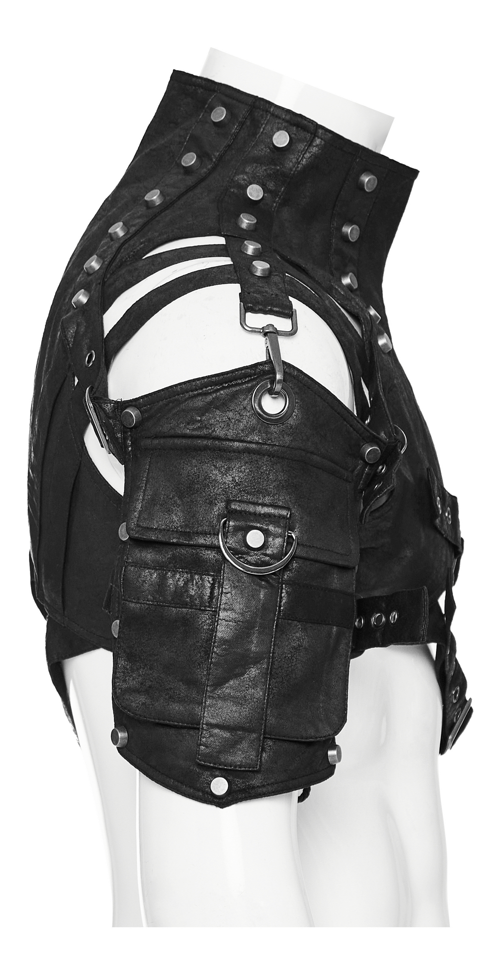 Edgy black gothic punk shoulder armor with adjustable buckles and straps, perfect for cosplay and themed parties.