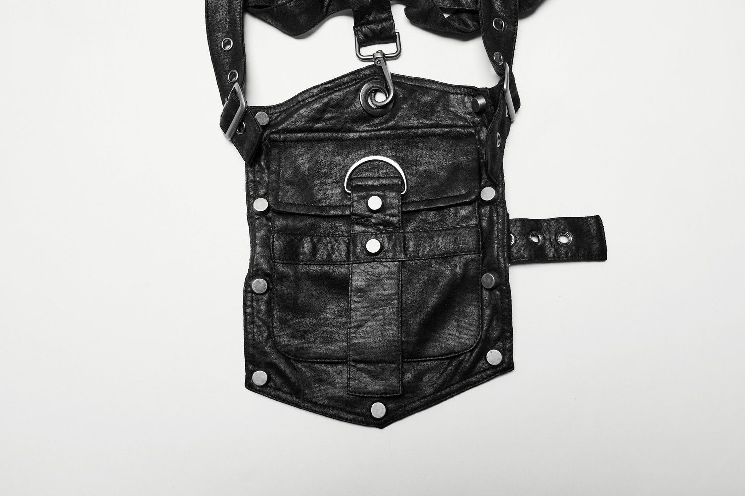 Edgy black gothic shoulder armor with adjustable buckles and straps, perfect for steampunk and punk fashion.