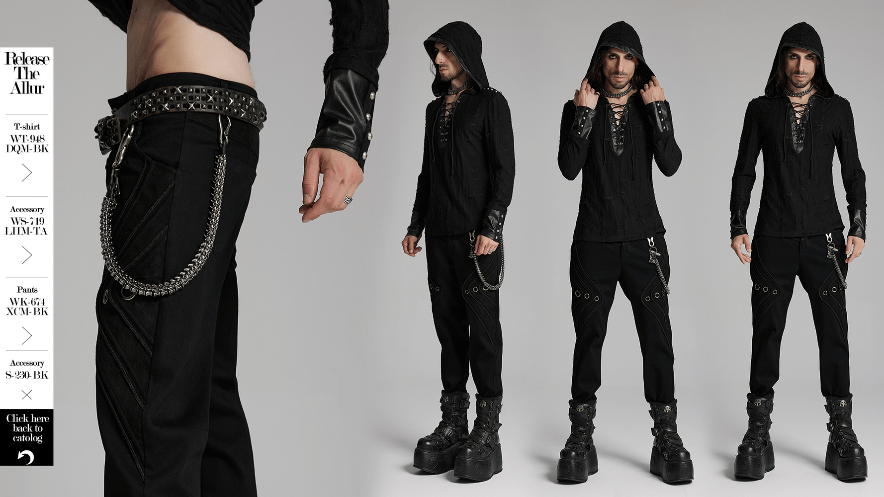 Man in punk attire wearing edgy skeleton waist chain with charms and lobster clasps, paired with black pants and platform boots.