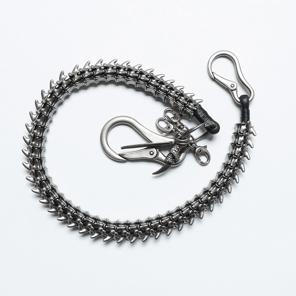 Edgy skeleton waist chain with skull and feather charms, featuring durable alloy and lobster clasps for a bold punk look.